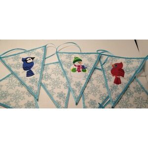 Hand Made Christmas Banner. Blue & White Birds & Snowman. 8 Feet